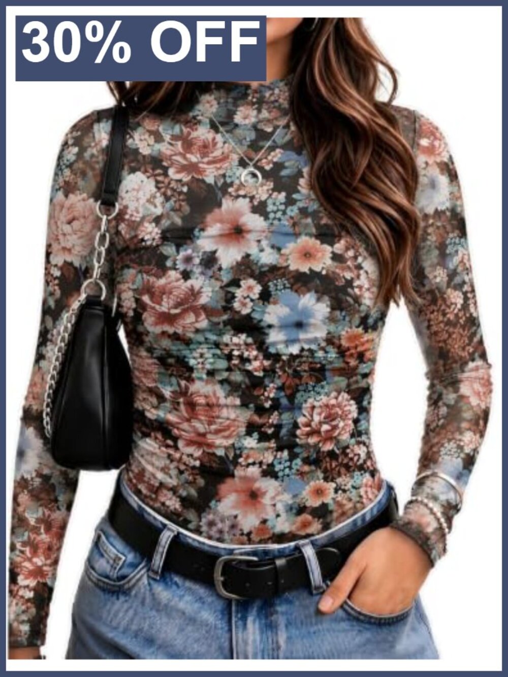 Women's Sheer Mesh Long Sleeve Mock Neck Ruched Blouse